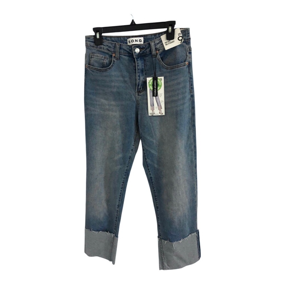 Oversized foldover hem mid rise 90s straight ankle length blue jeans size 29 new